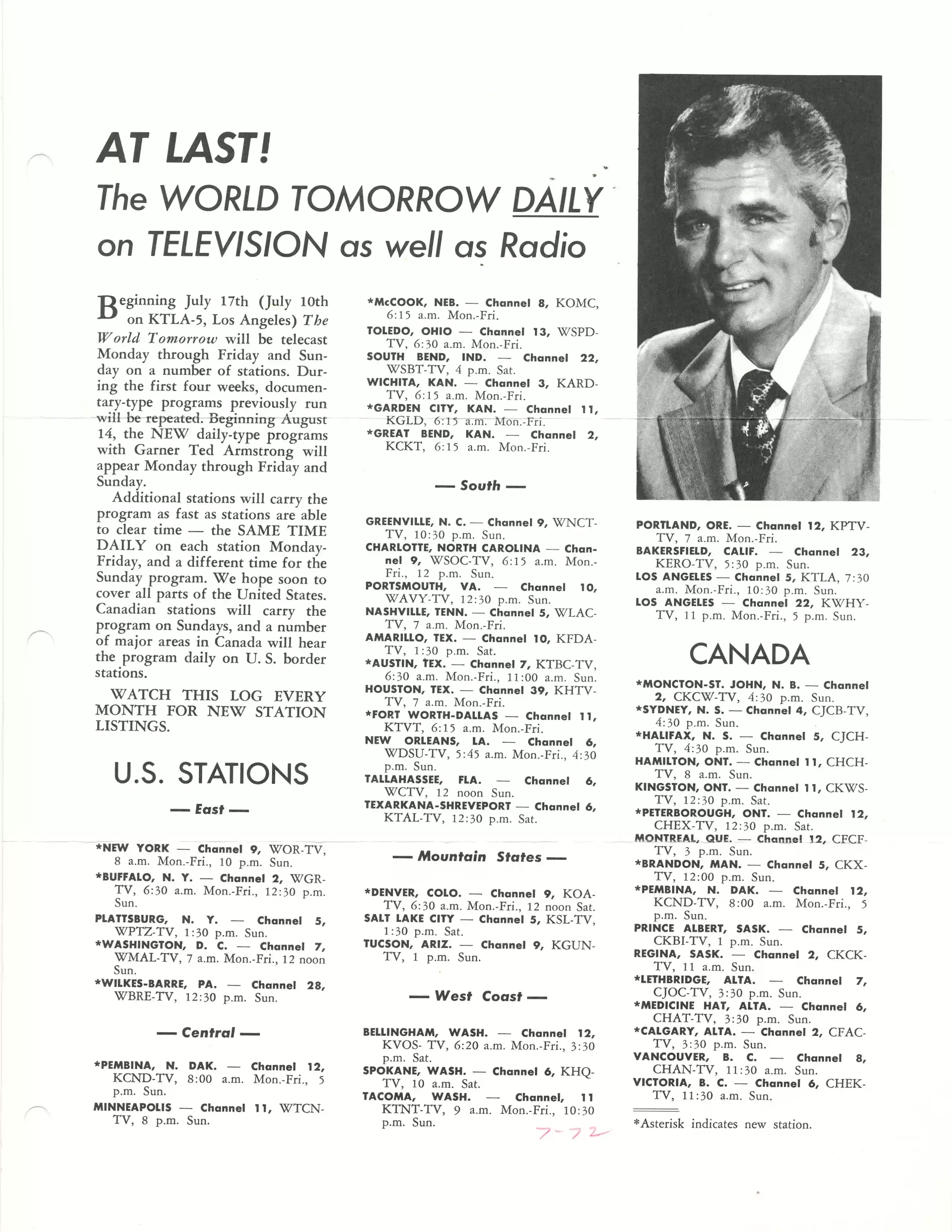 World Tomorrow- GTA, daily radio & TV log, 7-1972